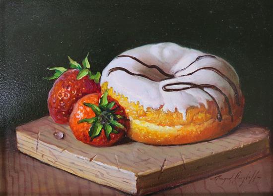 Raymond Campbell (20th C.) Iced doughnut with strawberries 5.5 x 7.5in.